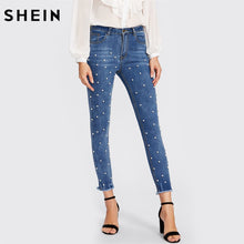Load image into Gallery viewer, Skinny blue denim jeans with pearls